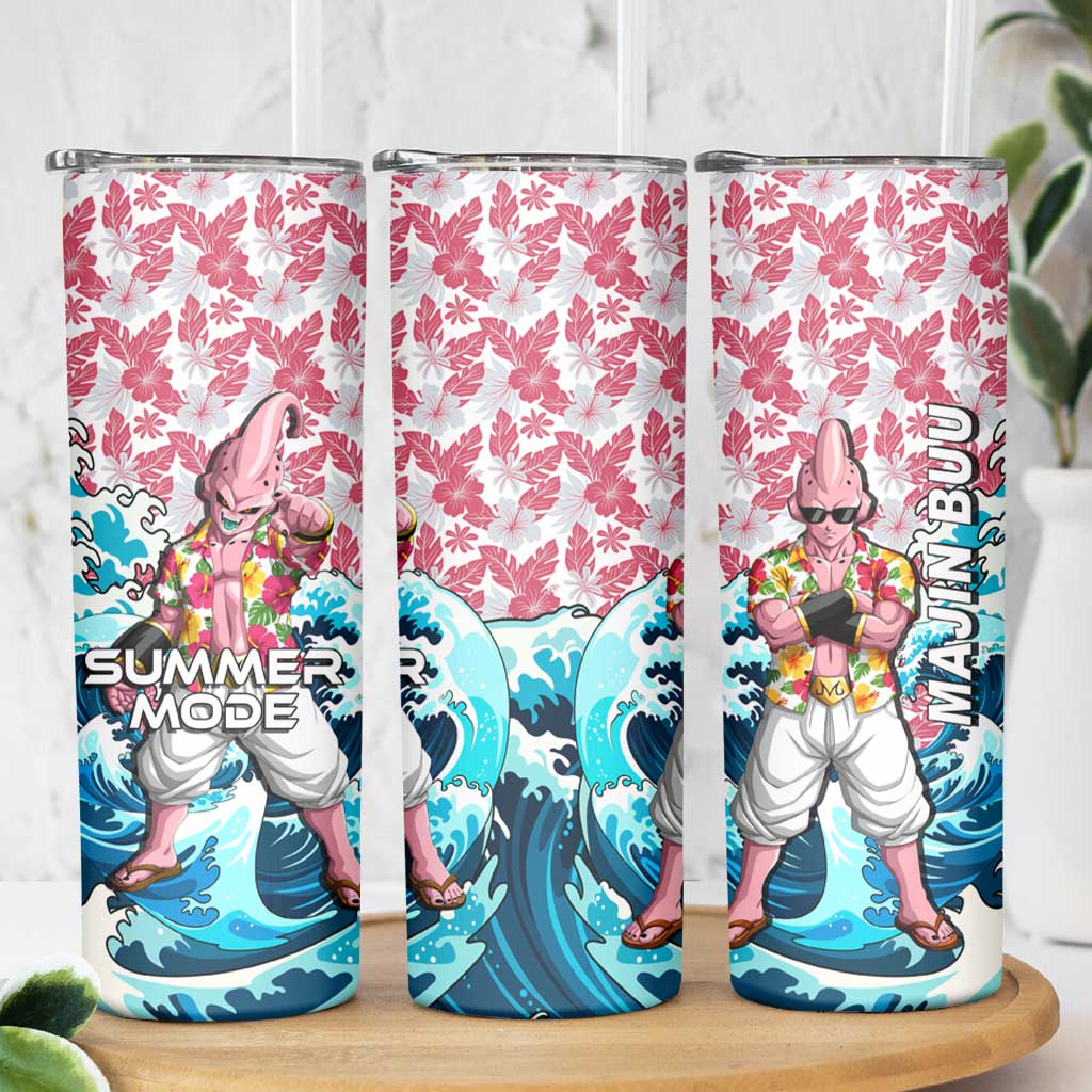 Majin Buu Dragon Ball Summer Theme Skinny Tumbler with Floral Shirt Sunglasses Shenron and Ocean Wave Background - The Mazicc