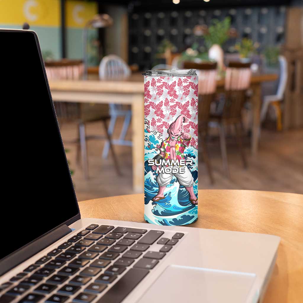 Majin Buu Dragon Ball Summer Theme Skinny Tumbler with Floral Shirt Sunglasses Shenron and Ocean Wave Background - The Mazicc