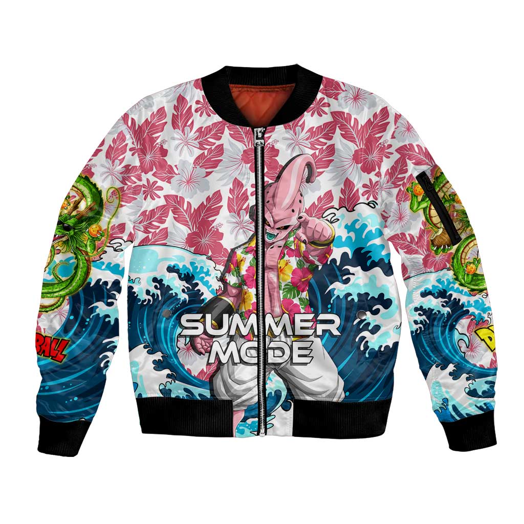 Majin Buu Dragon Ball Summer Theme Sleeve Zip Bomber Jacket with Floral Shirt Sunglasses Shenron and Ocean Wave Background - The Mazicc