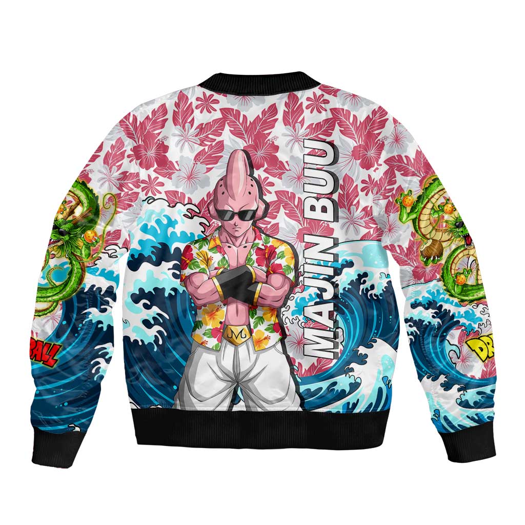 Majin Buu Dragon Ball Summer Theme Sleeve Zip Bomber Jacket with Floral Shirt Sunglasses Shenron and Ocean Wave Background - The Mazicc