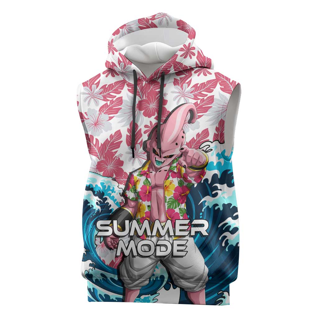 Majin Buu Dragon Ball Summer Theme Sleeveless Hoodie with Floral Shirt Sunglasses Shenron and Ocean Wave Background - The Mazicc