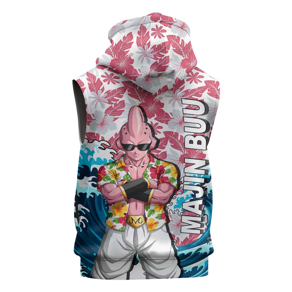 Majin Buu Dragon Ball Summer Theme Sleeveless Hoodie with Floral Shirt Sunglasses Shenron and Ocean Wave Background - The Mazicc