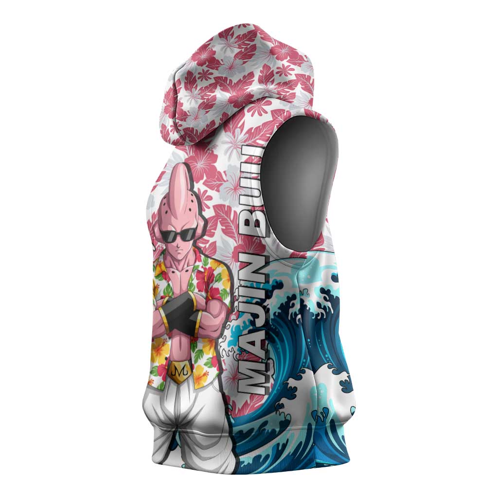 Majin Buu Dragon Ball Summer Theme Sleeveless Hoodie with Floral Shirt Sunglasses Shenron and Ocean Wave Background - The Mazicc