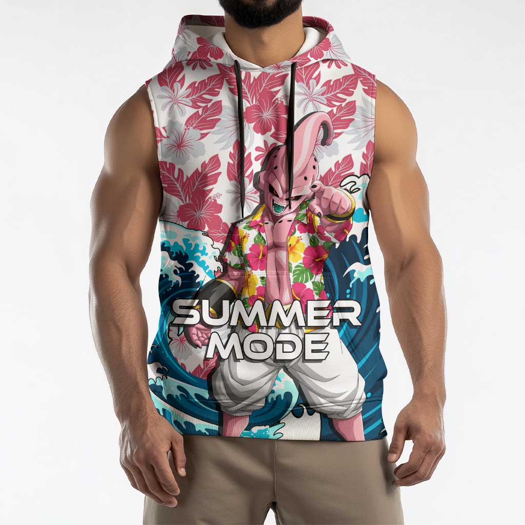 Majin Buu Dragon Ball Summer Theme Sleeveless Hoodie with Floral Shirt Sunglasses Shenron and Ocean Wave Background - The Mazicc