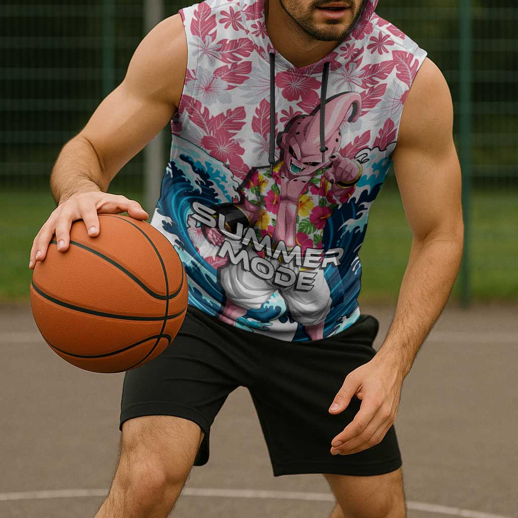 Majin Buu Dragon Ball Summer Theme Sleeveless Hoodie with Floral Shirt Sunglasses Shenron and Ocean Wave Background - The Mazicc