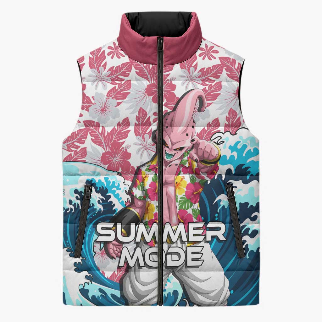 Majin Buu Dragon Ball Summer Theme Sleeveless Puffer Jacket with Floral Shirt Sunglasses Shenron and Ocean Wave Background - The Mazicc