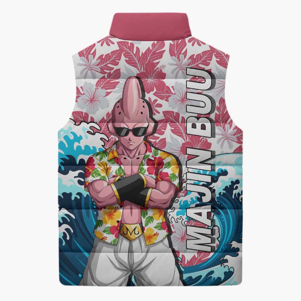 Majin Buu Dragon Ball Summer Theme Sleeveless Puffer Jacket with Floral Shirt Sunglasses Shenron and Ocean Wave Background - The Mazicc