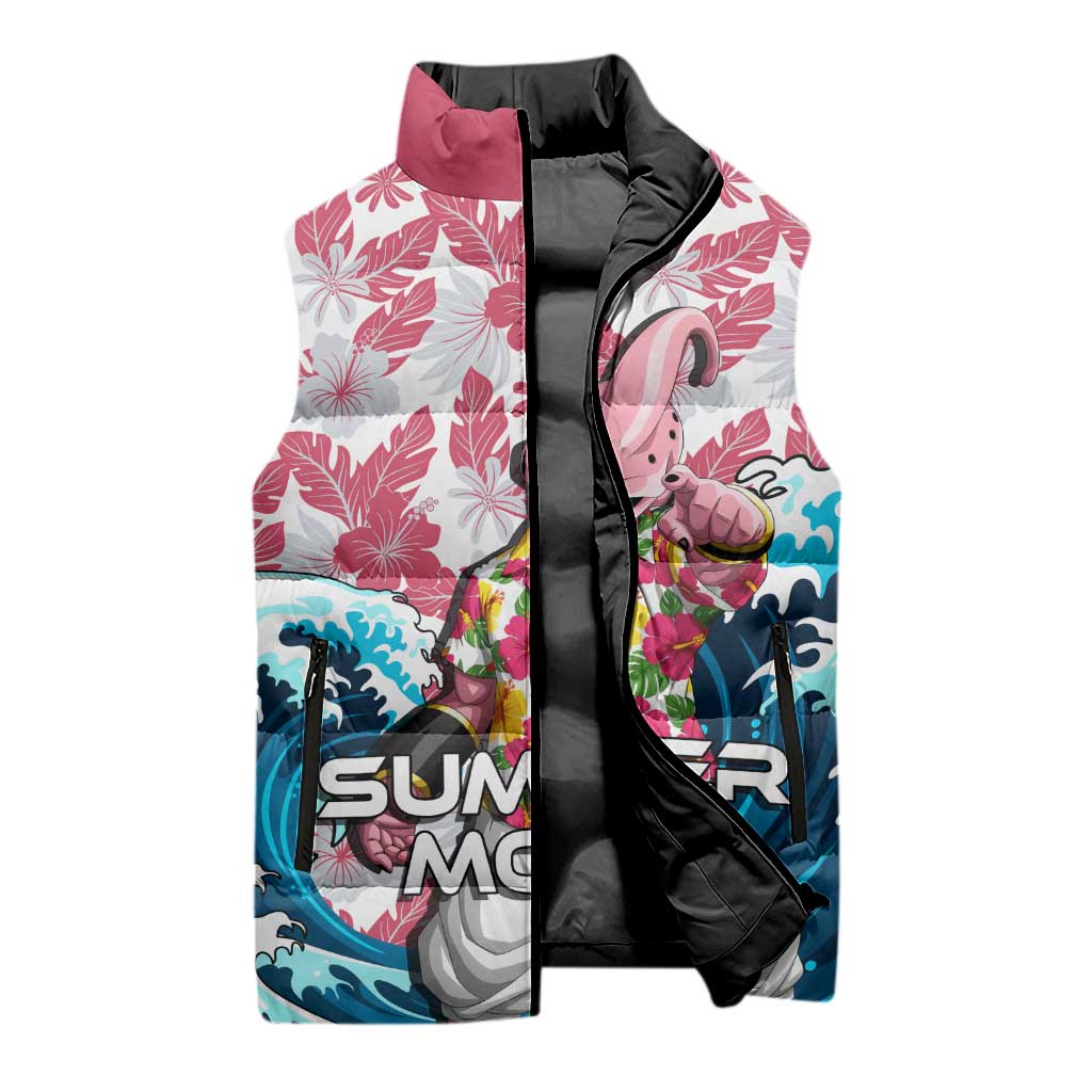 Majin Buu Dragon Ball Summer Theme Sleeveless Puffer Jacket with Floral Shirt Sunglasses Shenron and Ocean Wave Background - The Mazicc