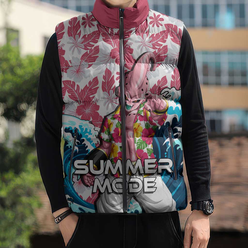 Majin Buu Dragon Ball Summer Theme Sleeveless Puffer Jacket with Floral Shirt Sunglasses Shenron and Ocean Wave Background - The Mazicc