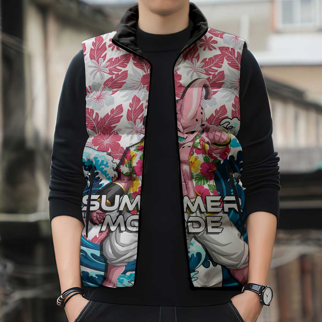 Majin Buu Dragon Ball Summer Theme Sleeveless Puffer Jacket with Floral Shirt Sunglasses Shenron and Ocean Wave Background - The Mazicc