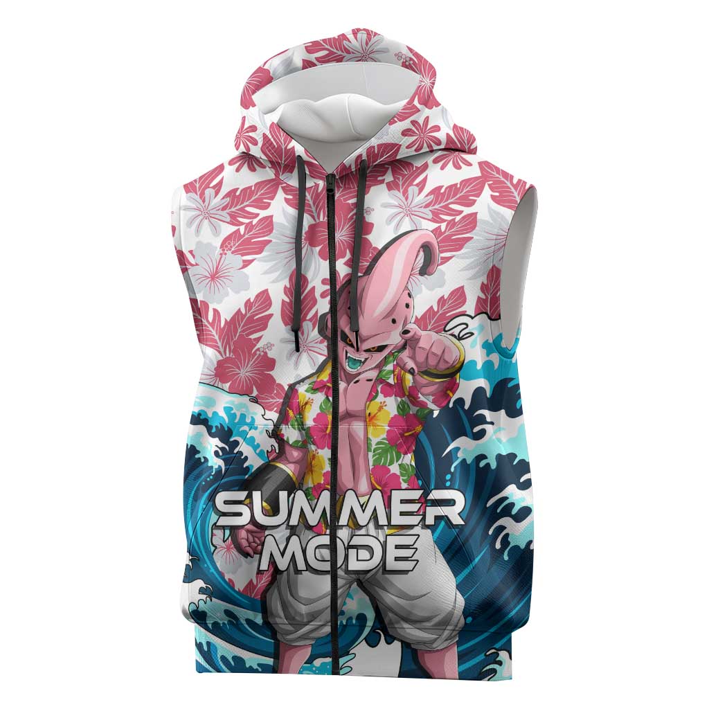 Majin Buu Dragon Ball Summer Theme Sleeveless Zip Hoodie with Floral Shirt Sunglasses Shenron and Ocean Wave Background - The Mazicc