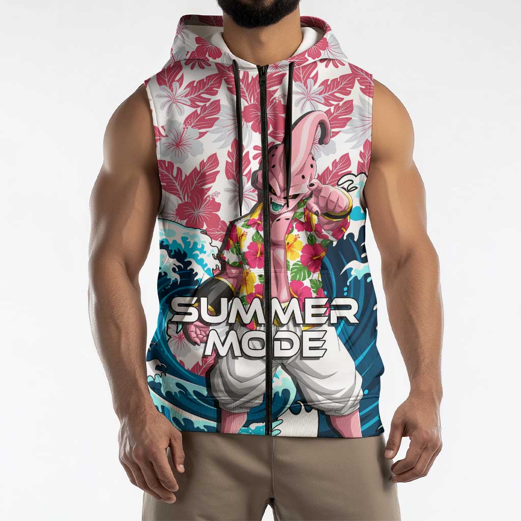 Majin Buu Dragon Ball Summer Theme Sleeveless Zip Hoodie with Floral Shirt Sunglasses Shenron and Ocean Wave Background - The Mazicc