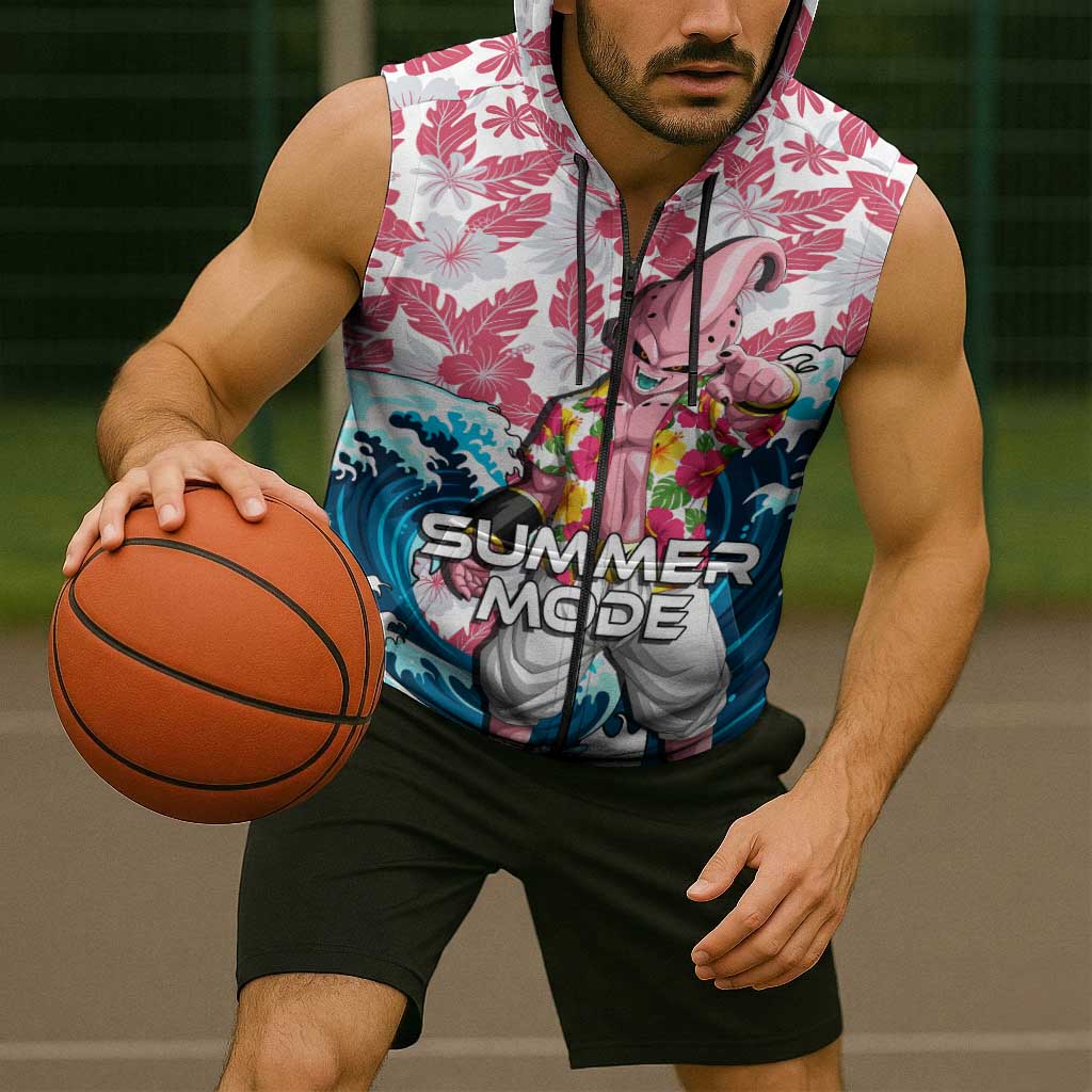Majin Buu Dragon Ball Summer Theme Sleeveless Zip Hoodie with Floral Shirt Sunglasses Shenron and Ocean Wave Background - The Mazicc