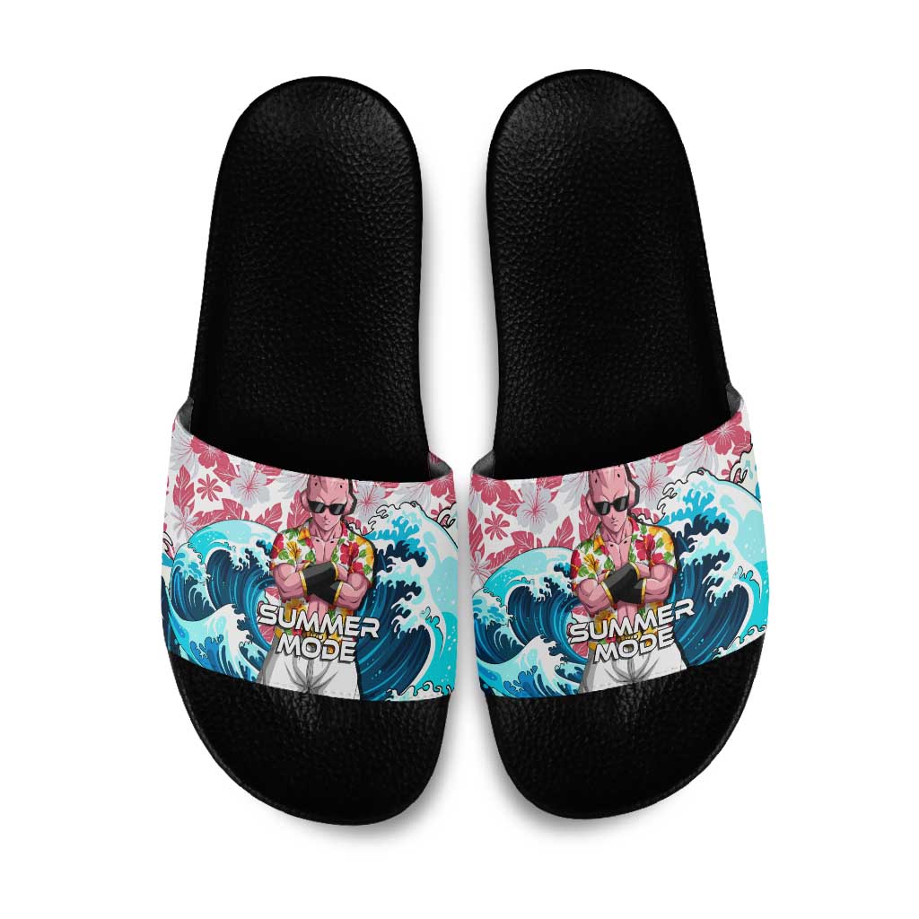 Majin Buu Dragon Ball Summer Theme Slide Sandals with Floral Shirt Sunglasses Shenron and Ocean Wave Background - The Mazicc