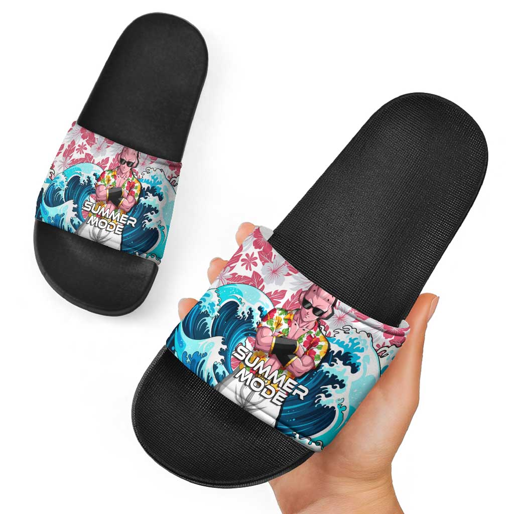 Majin Buu Dragon Ball Summer Theme Slide Sandals with Floral Shirt Sunglasses Shenron and Ocean Wave Background - The Mazicc