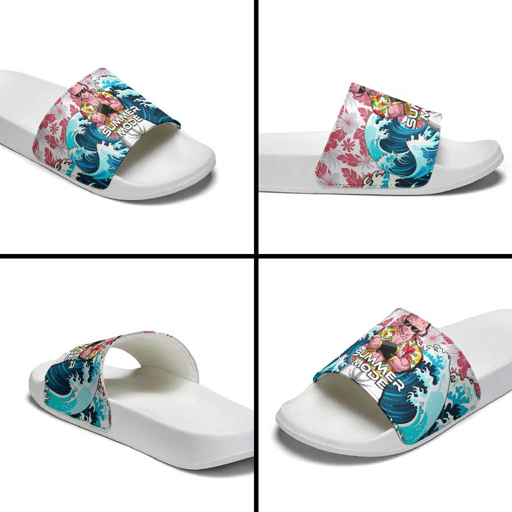 Majin Buu Dragon Ball Summer Theme Slide Sandals with Floral Shirt Sunglasses Shenron and Ocean Wave Background - The Mazicc