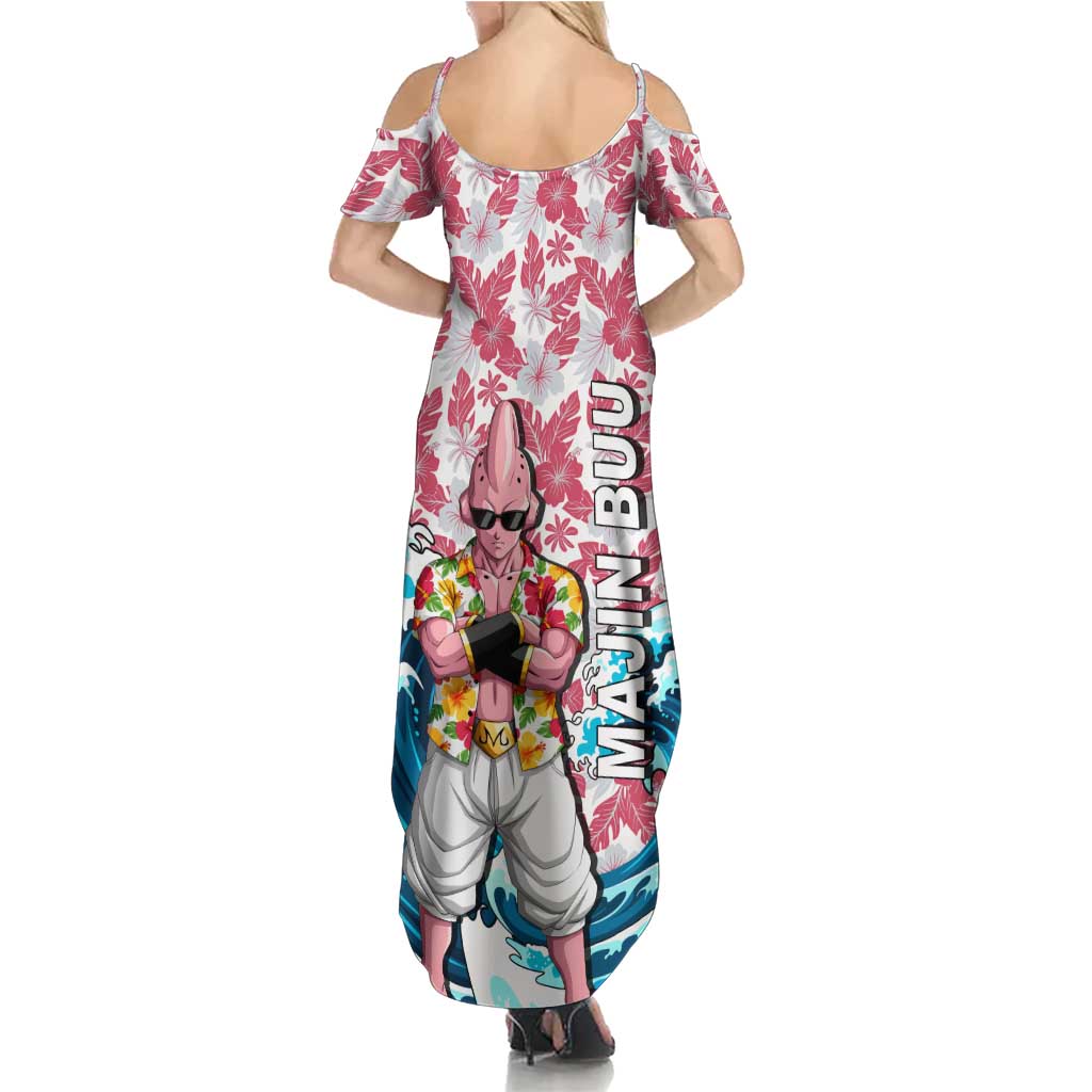 Majin Buu Dragon Ball Summer Theme Summer Maxi Dress with Floral Shirt Sunglasses Shenron and Ocean Wave Background - The Mazicc