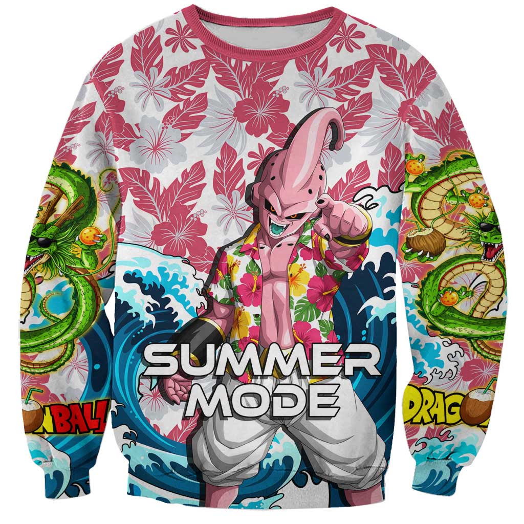 Majin Buu Dragon Ball Summer Theme Sweatshirt with Floral Shirt Sunglasses Shenron and Ocean Wave Background - The Mazicc