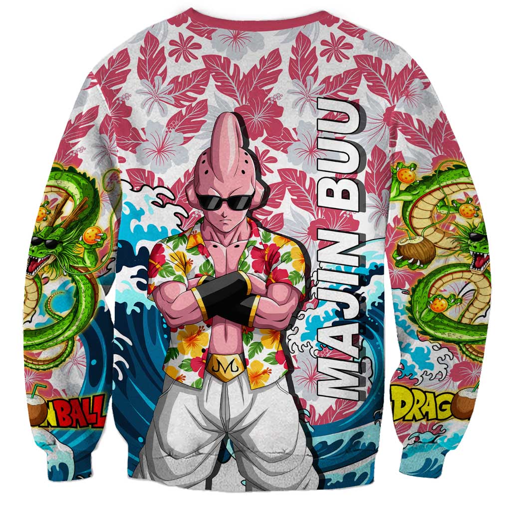 Majin Buu Dragon Ball Summer Theme Sweatshirt with Floral Shirt Sunglasses Shenron and Ocean Wave Background - The Mazicc