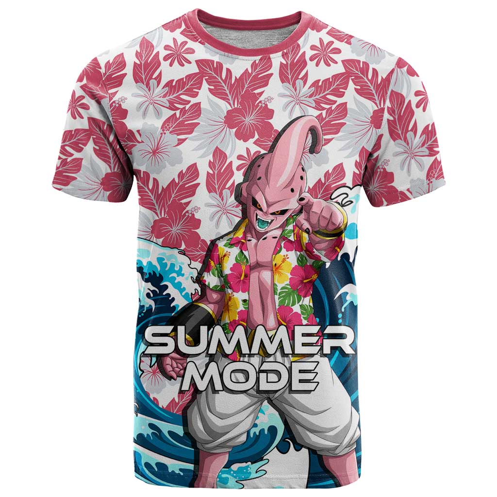Majin Buu Dragon Ball Summer Theme T Shirt with Floral Shirt Sunglasses Shenron and Ocean Wave Background - The Mazicc