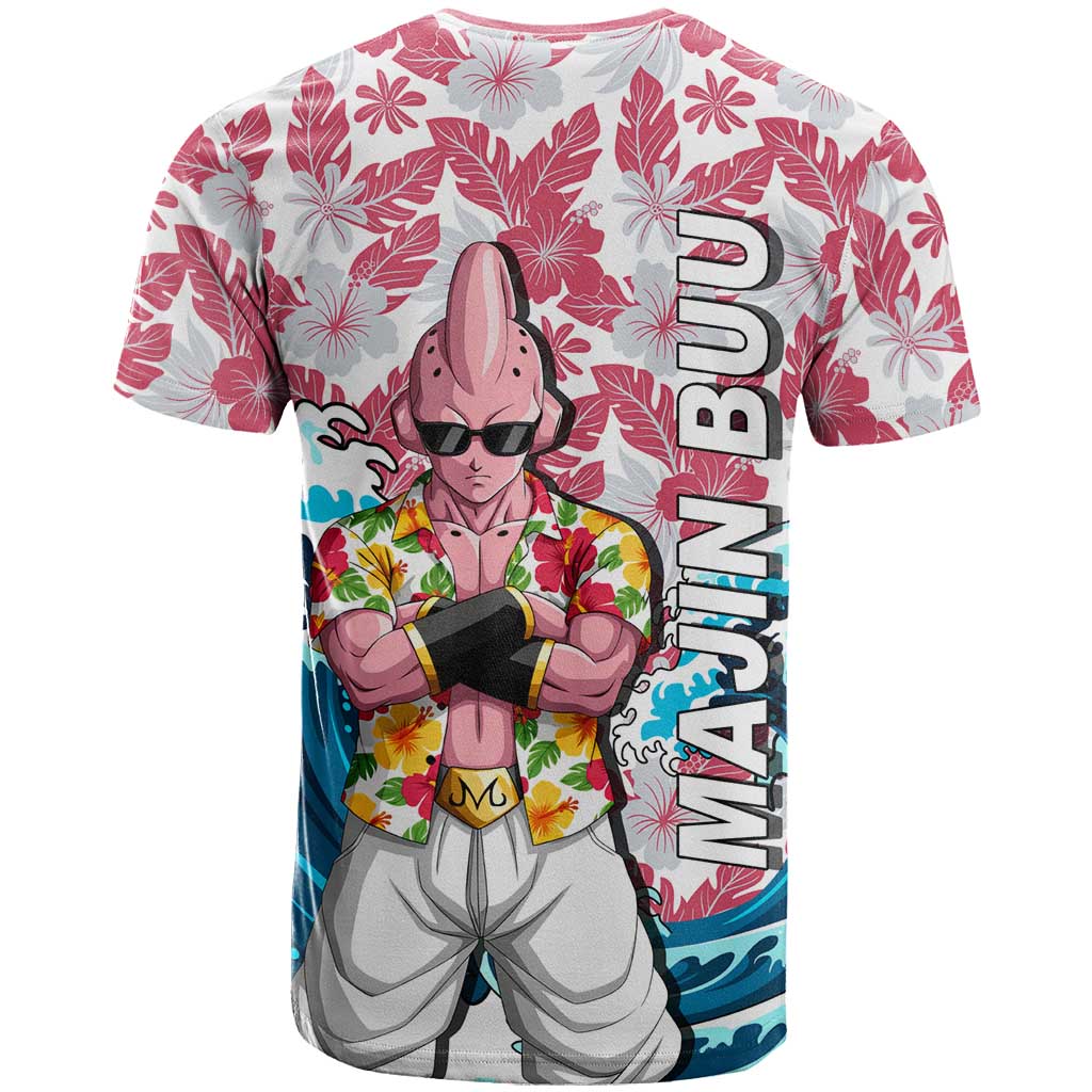 Majin Buu Dragon Ball Summer Theme T Shirt with Floral Shirt Sunglasses Shenron and Ocean Wave Background - The Mazicc