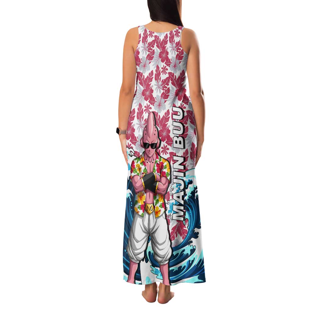 Majin Buu Dragon Ball Summer Theme Tank Maxi Dress with Floral Shirt Sunglasses Shenron and Ocean Wave Background - The Mazicc