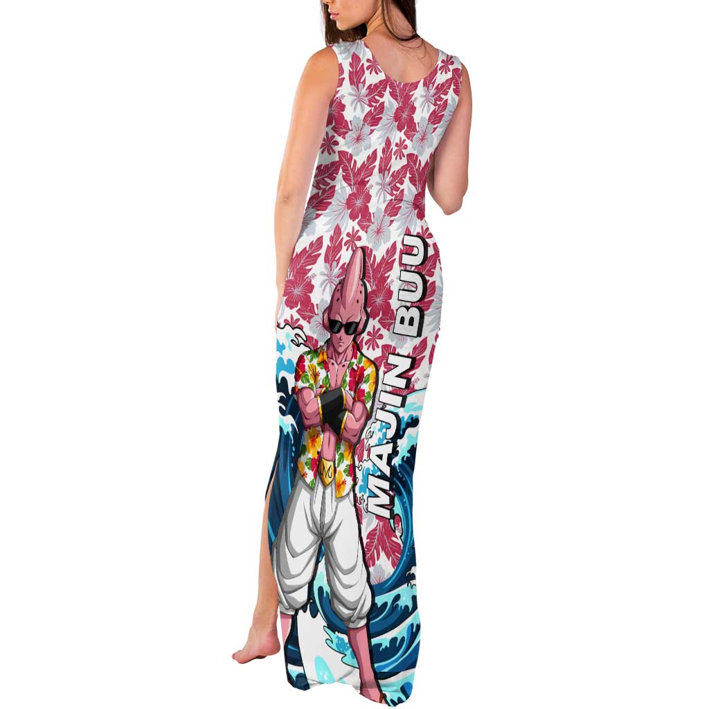 Majin Buu Dragon Ball Summer Theme Tank Maxi Dress with Floral Shirt Sunglasses Shenron and Ocean Wave Background - The Mazicc