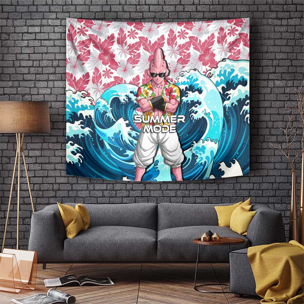 Majin Buu Dragon Ball Summer Theme Tapestry with Floral Shirt Sunglasses Shenron and Ocean Wave Background - The Mazicc
