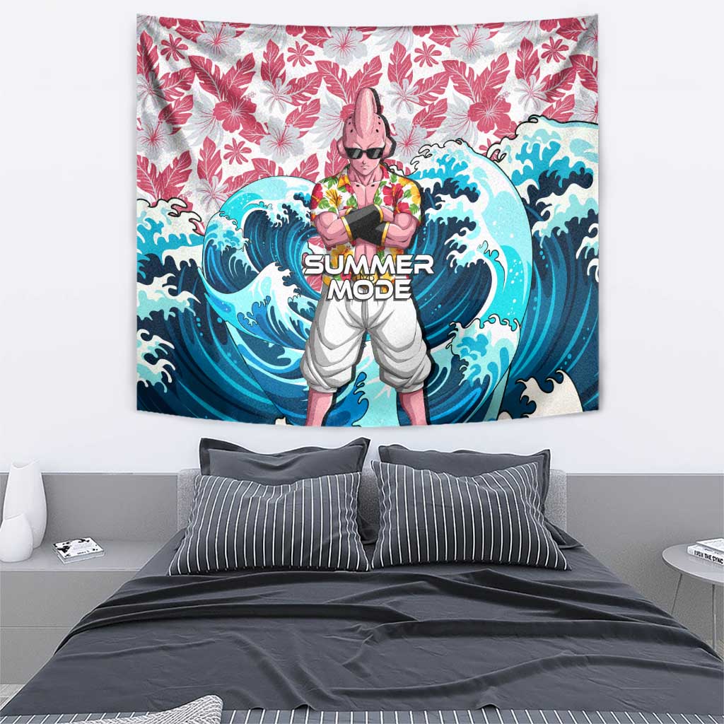 Majin Buu Dragon Ball Summer Theme Tapestry with Floral Shirt Sunglasses Shenron and Ocean Wave Background - The Mazicc
