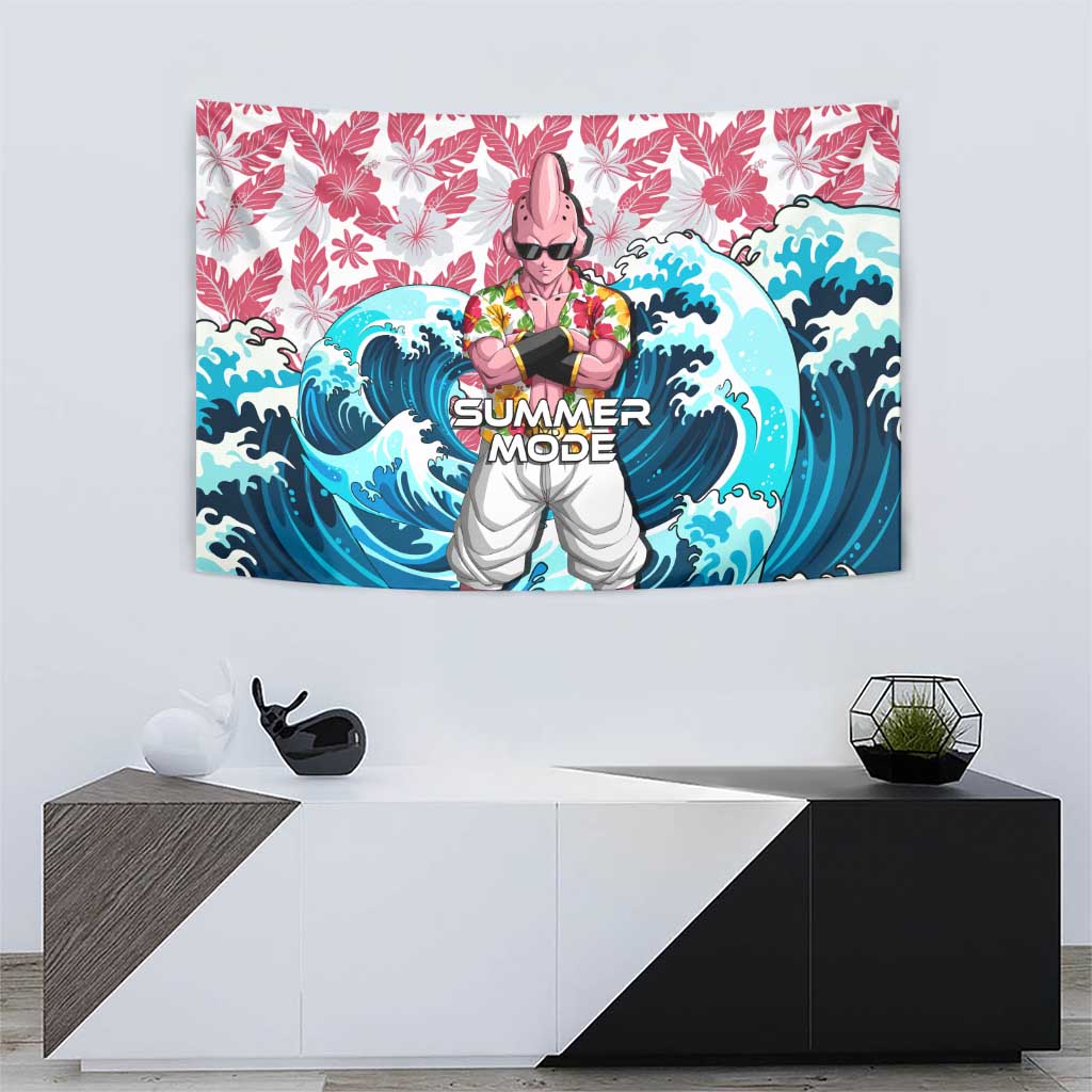Majin Buu Dragon Ball Summer Theme Tapestry with Floral Shirt Sunglasses Shenron and Ocean Wave Background - The Mazicc