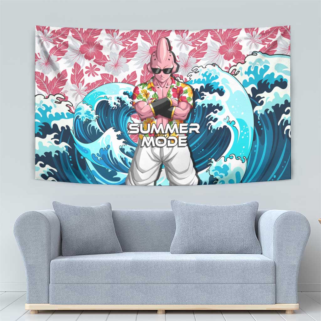 Majin Buu Dragon Ball Summer Theme Tapestry with Floral Shirt Sunglasses Shenron and Ocean Wave Background - The Mazicc