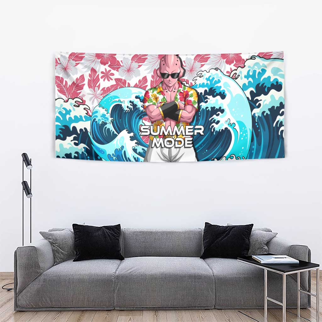 Majin Buu Dragon Ball Summer Theme Tapestry with Floral Shirt Sunglasses Shenron and Ocean Wave Background - The Mazicc