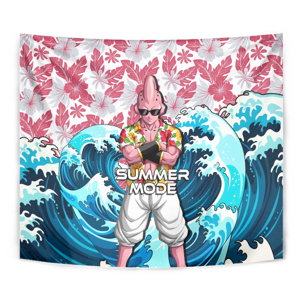 Majin Buu Dragon Ball Summer Theme Tapestry with Floral Shirt Sunglasses Shenron and Ocean Wave Background - The Mazicc