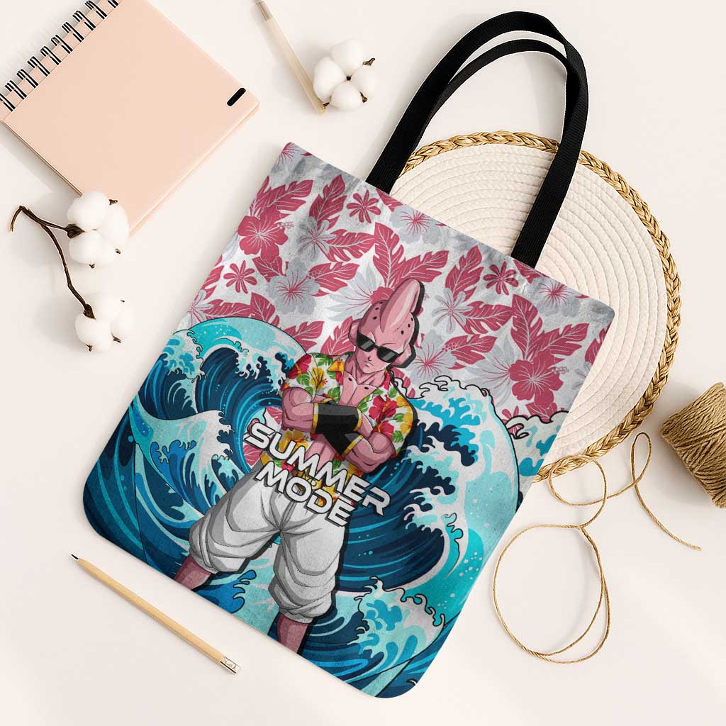 Majin Buu Dragon Ball Summer Theme Tote Bag with Floral Shirt Sunglasses Shenron and Ocean Wave Background - The Mazicc