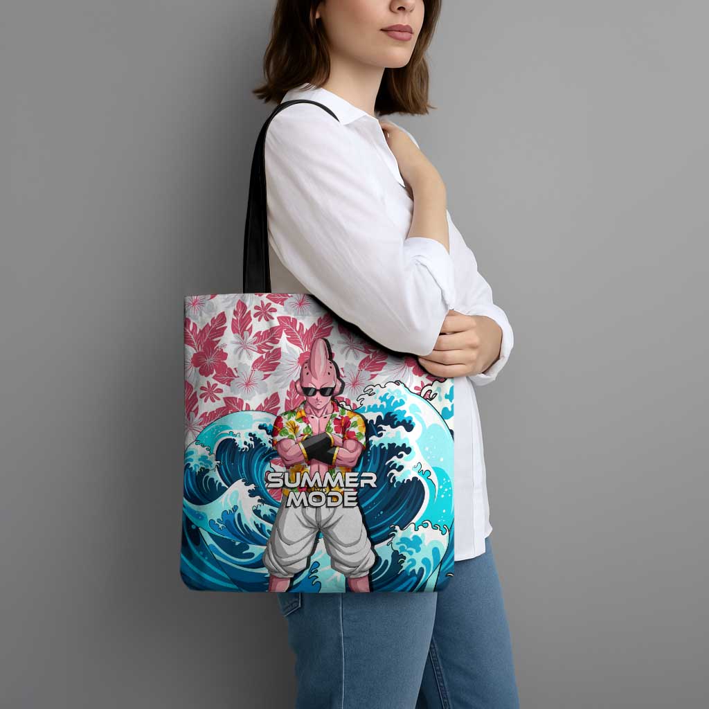 Majin Buu Dragon Ball Summer Theme Tote Bag with Floral Shirt Sunglasses Shenron and Ocean Wave Background - The Mazicc