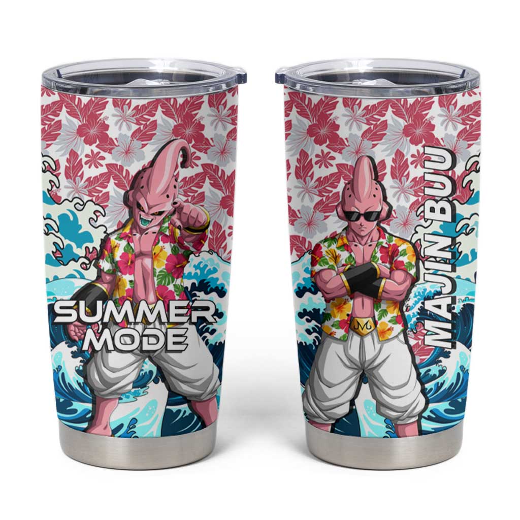 Majin Buu Dragon Ball Summer Theme Tumbler Cup with Floral Shirt Sunglasses Shenron and Ocean Wave Background - The Mazicc