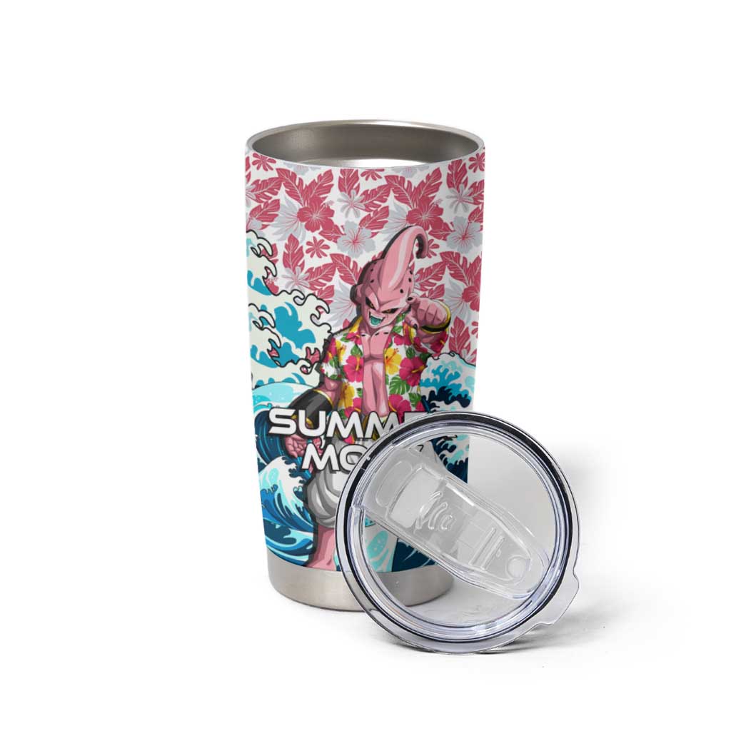 Majin Buu Dragon Ball Summer Theme Tumbler Cup with Floral Shirt Sunglasses Shenron and Ocean Wave Background - The Mazicc