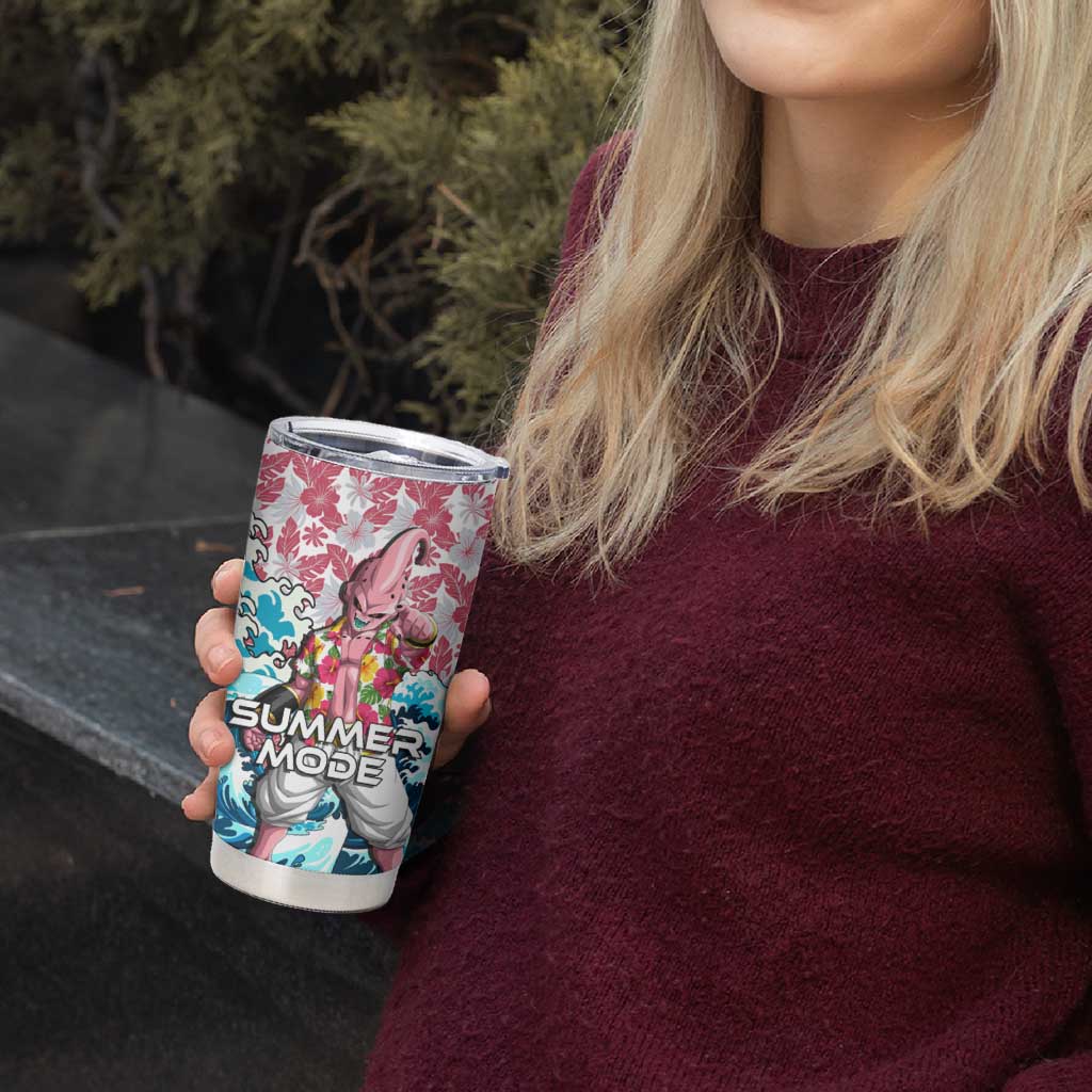 Majin Buu Dragon Ball Summer Theme Tumbler Cup with Floral Shirt Sunglasses Shenron and Ocean Wave Background - The Mazicc