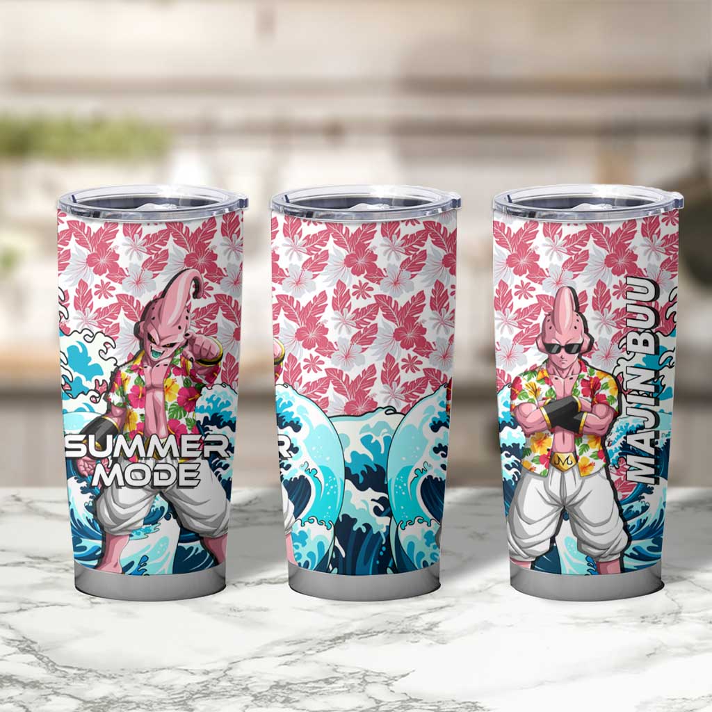 Majin Buu Dragon Ball Summer Theme Tumbler Cup with Floral Shirt Sunglasses Shenron and Ocean Wave Background - The Mazicc