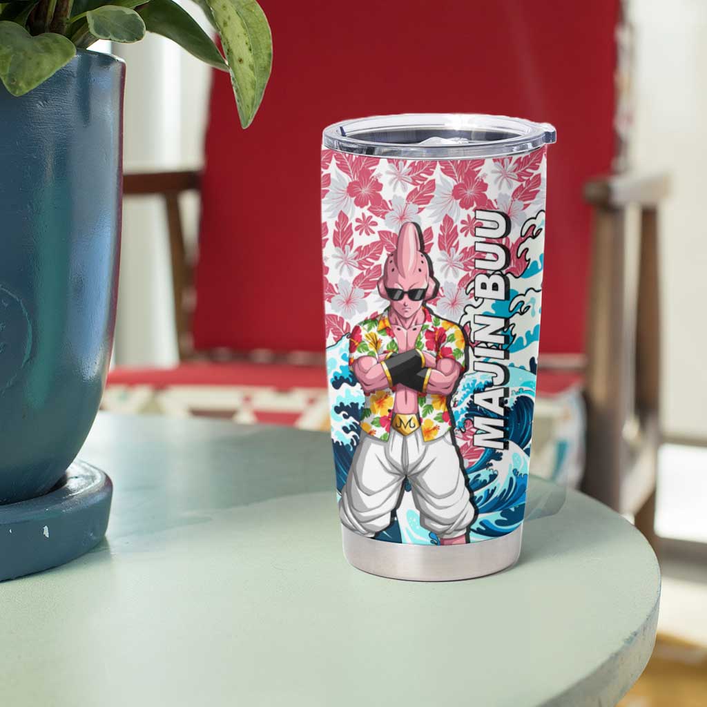 Majin Buu Dragon Ball Summer Theme Tumbler Cup with Floral Shirt Sunglasses Shenron and Ocean Wave Background - The Mazicc