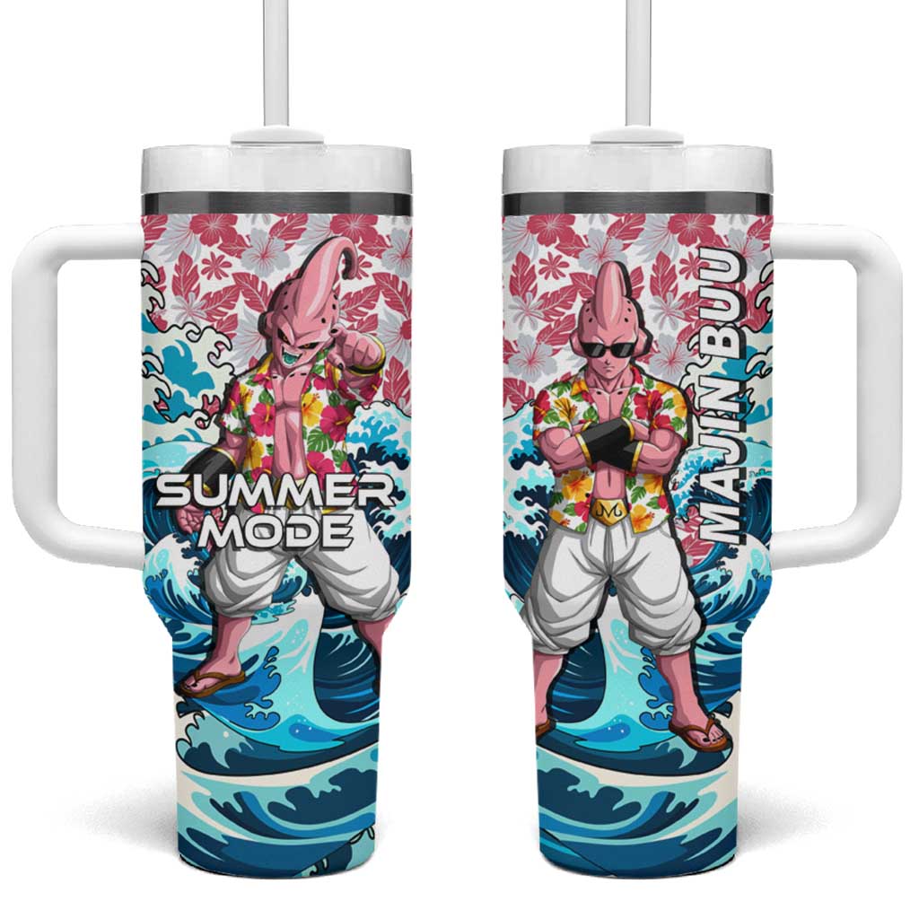 Majin Buu Dragon Ball Summer Theme Tumbler With Handle with Floral Shirt Sunglasses Shenron and Ocean Wave Background - The Mazicc