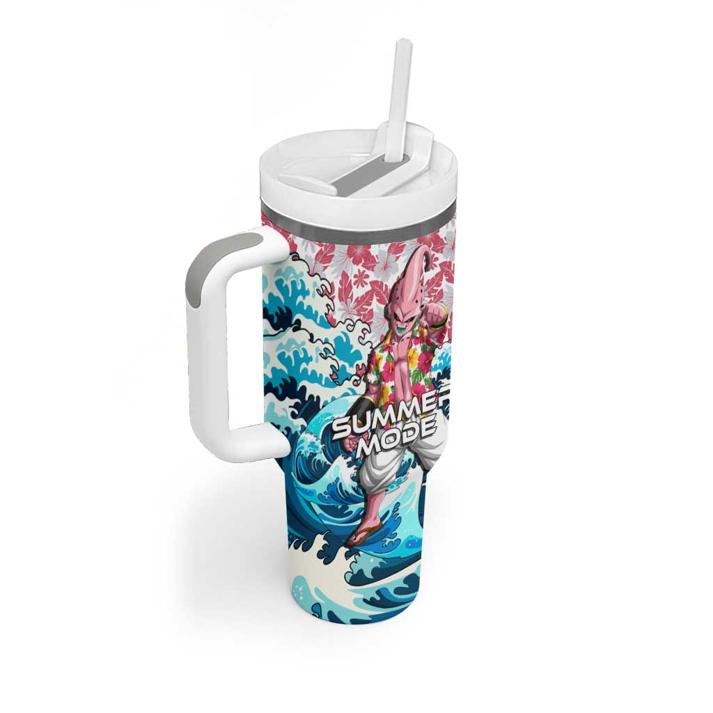 Majin Buu Dragon Ball Summer Theme Tumbler With Handle with Floral Shirt Sunglasses Shenron and Ocean Wave Background - The Mazicc