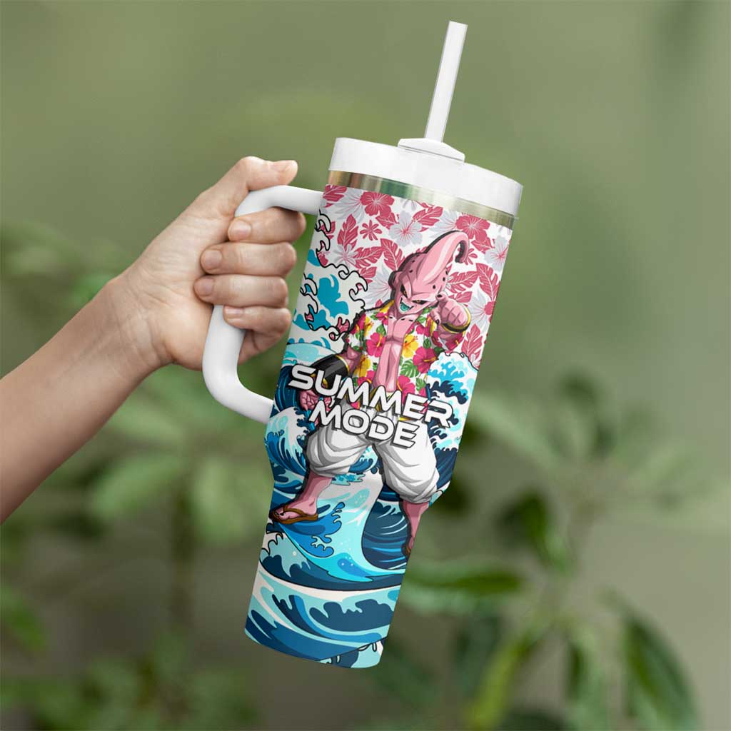 Majin Buu Dragon Ball Summer Theme Tumbler With Handle with Floral Shirt Sunglasses Shenron and Ocean Wave Background - The Mazicc