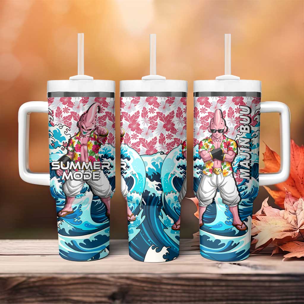 Majin Buu Dragon Ball Summer Theme Tumbler With Handle with Floral Shirt Sunglasses Shenron and Ocean Wave Background - The Mazicc