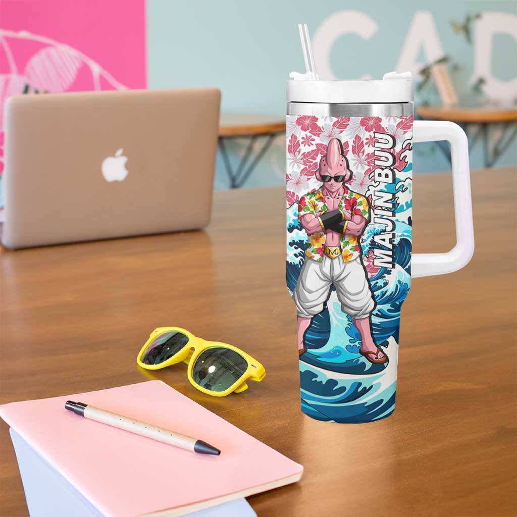 Majin Buu Dragon Ball Summer Theme Tumbler With Handle with Floral Shirt Sunglasses Shenron and Ocean Wave Background - The Mazicc