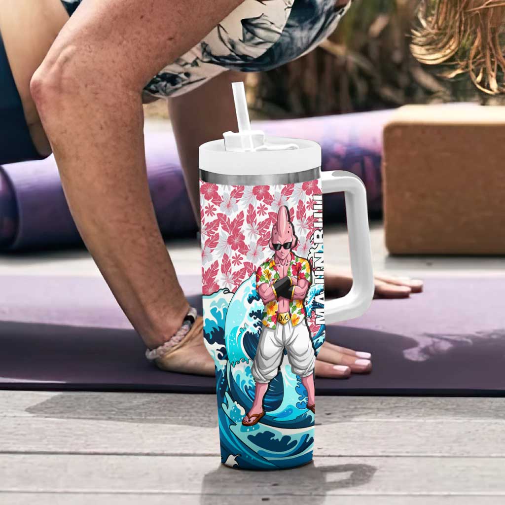 Majin Buu Dragon Ball Summer Theme Tumbler With Handle with Floral Shirt Sunglasses Shenron and Ocean Wave Background - The Mazicc