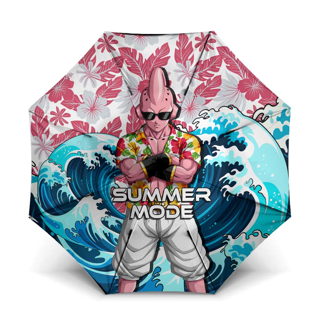 Majin Buu Dragon Ball Summer Theme Umbrella with Floral Shirt Sunglasses Shenron and Ocean Wave Background - The Mazicc