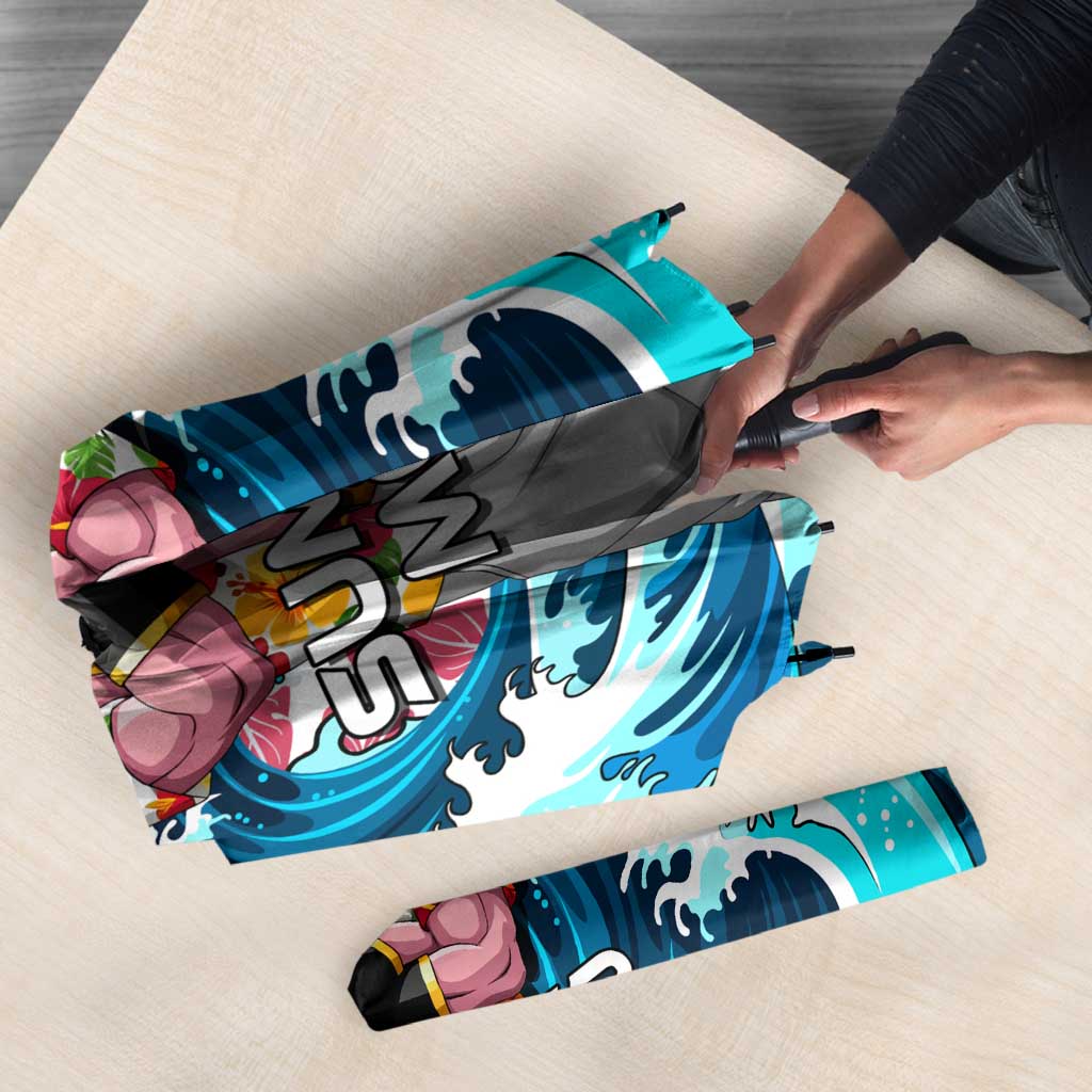 Majin Buu Dragon Ball Summer Theme Umbrella with Floral Shirt Sunglasses Shenron and Ocean Wave Background - The Mazicc