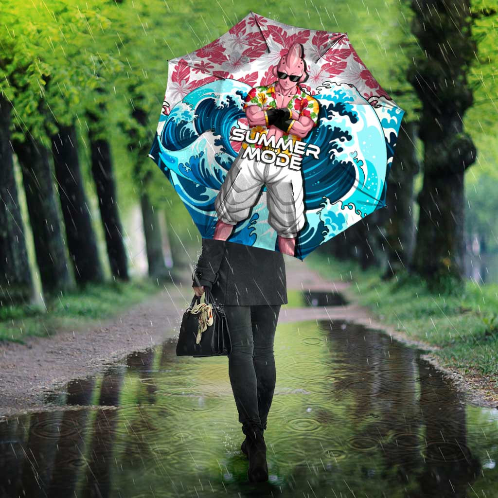 Majin Buu Dragon Ball Summer Theme Umbrella with Floral Shirt Sunglasses Shenron and Ocean Wave Background - The Mazicc