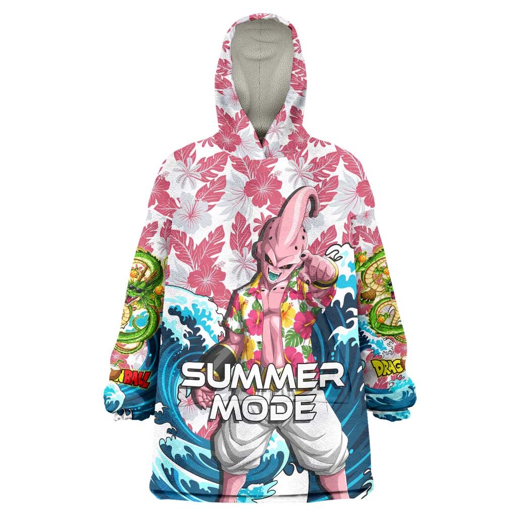 Majin Buu Dragon Ball Summer Theme Wearable Blanket Hoodie with Floral Shirt Sunglasses Shenron and Ocean Wave Background - The Mazicc